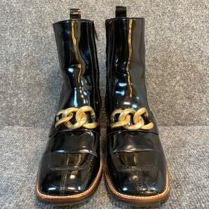 Steve Madden Women 9 Black Loreen Patent Square Toe Ankle Boot Gold Chain Accent